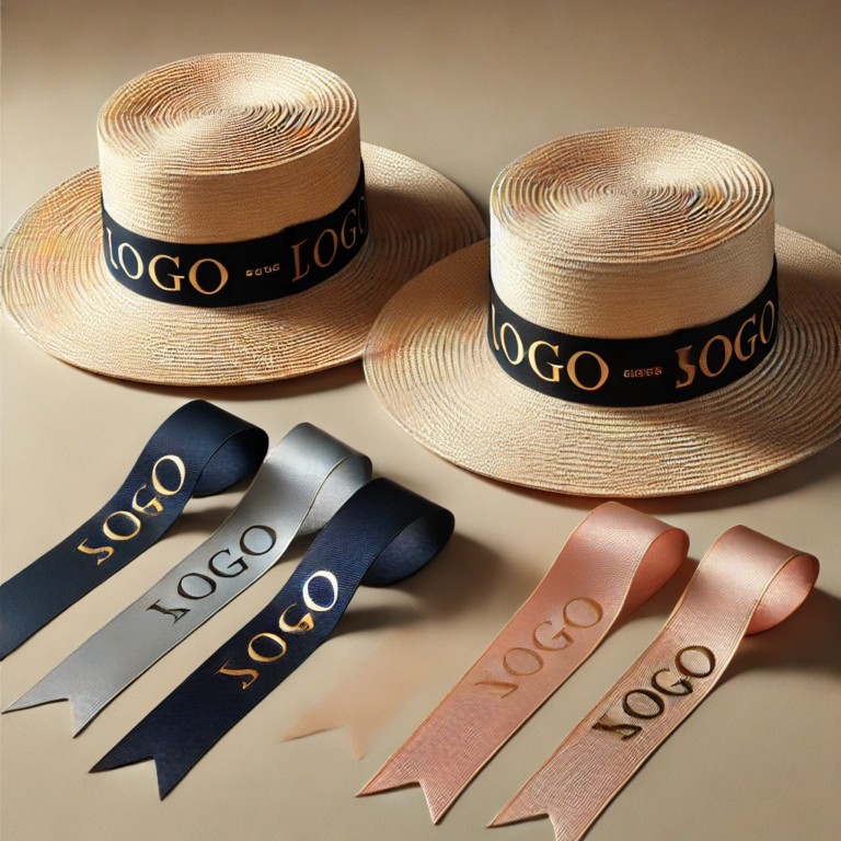 bedrucktes geschenkband mit logo um einen hut