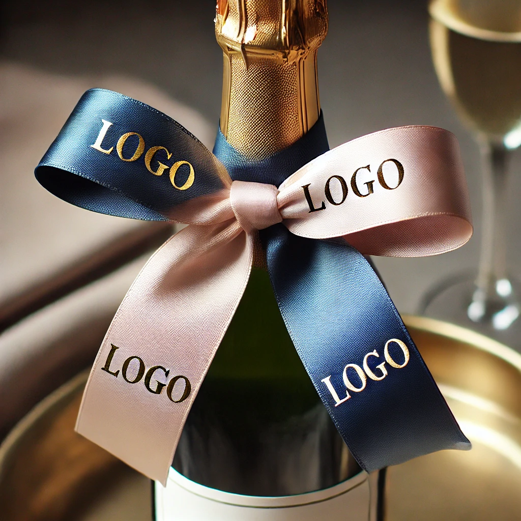 bedrucktes satinband mit logo um eine flasche Champagner