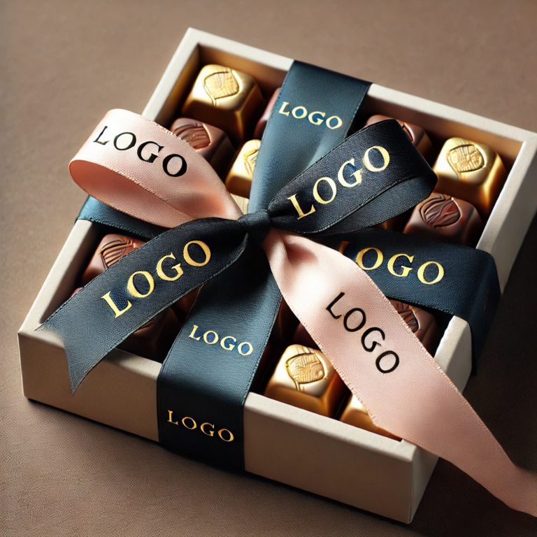 bedrucktes geschenkband um einen pralinenschachtel