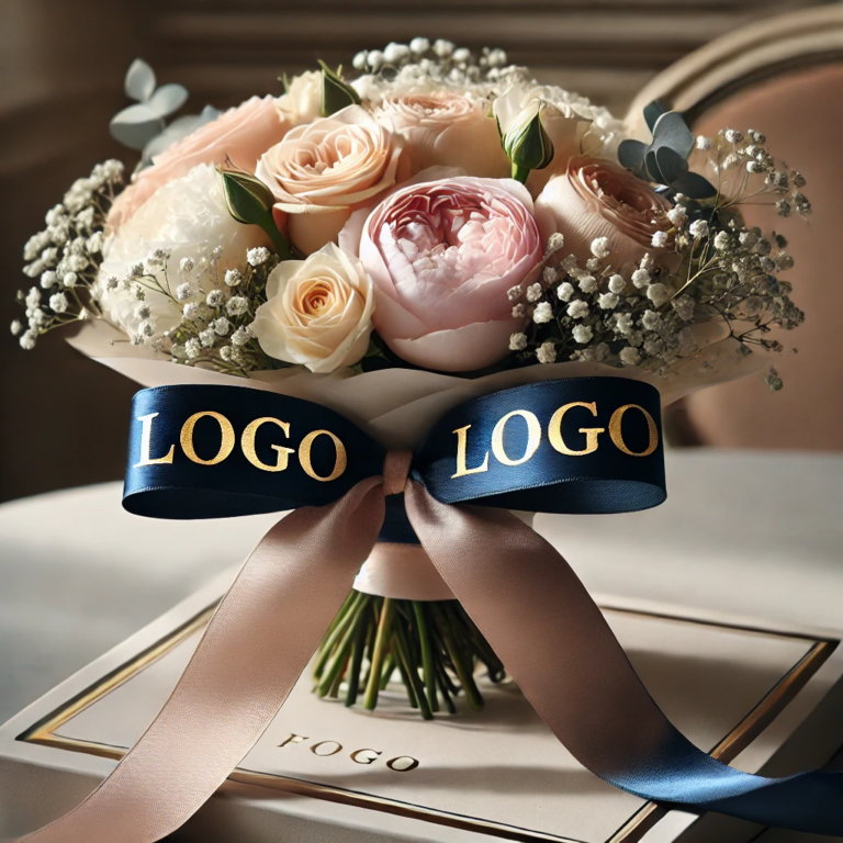 bedrucktes geschenkband um einen blumenstrauss